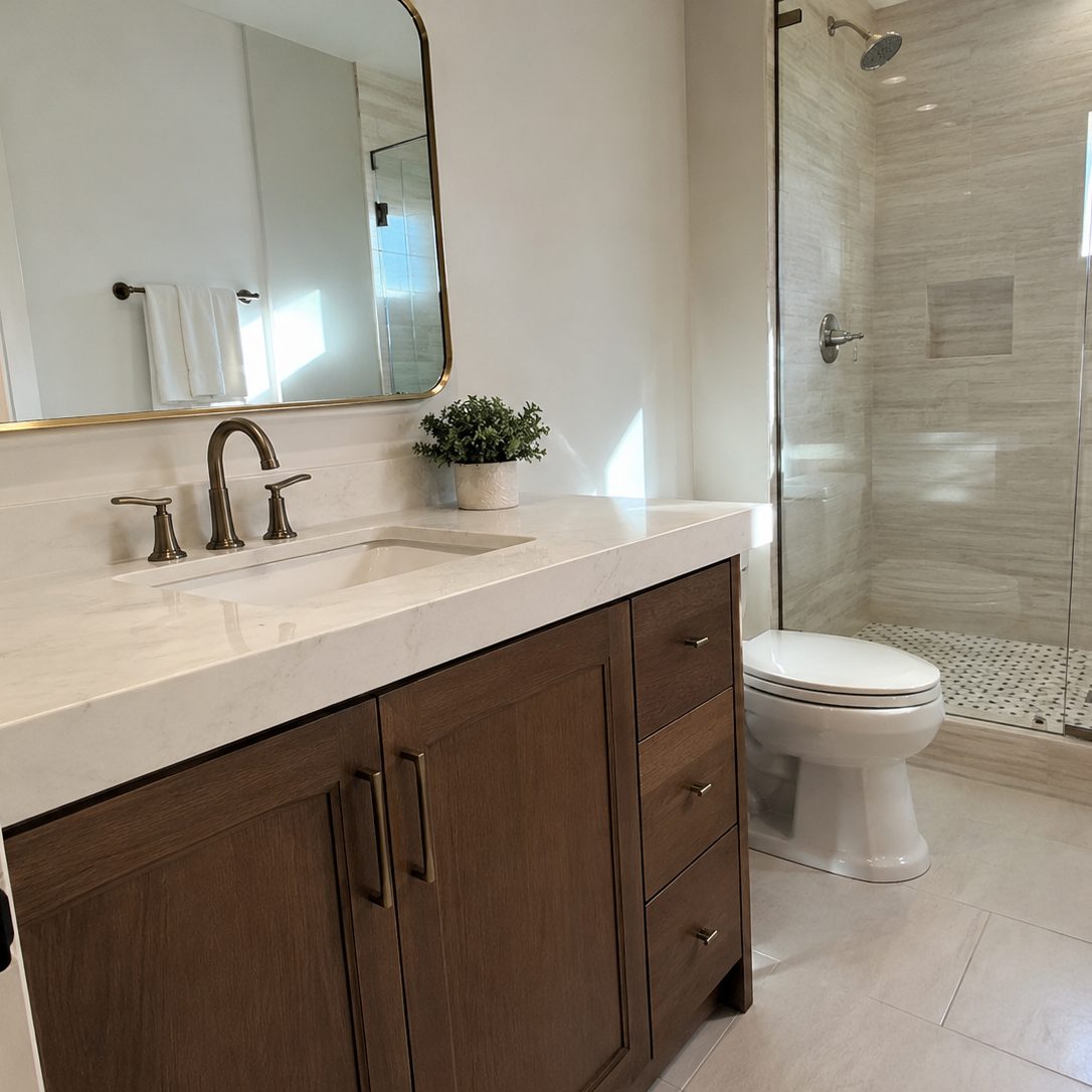 A freshly cleaned bathroom with a streak-free mirror and polished fixtures